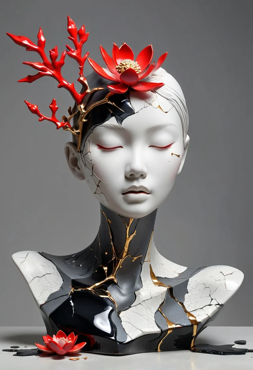 ((exhibit,Still Life Table,Artistic statues,3D Sculpture,ceramics,Surface cracks,Shattered Texture)), grace,Slender neck,Show the beauty of nature.Black and red theme,Red coral,Artistic Creativity:1.37.Kaneko,Golden powder, This artwork is presented on a grey background,Emphasize its artistic quality.Ray Tracing