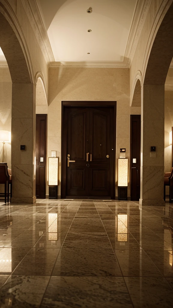 A hotel with Roman interior architecture with the photography style of the porch, lighting, twilight, contemporary weather, rainy weather, hotel lobby, Roman interior architecture style