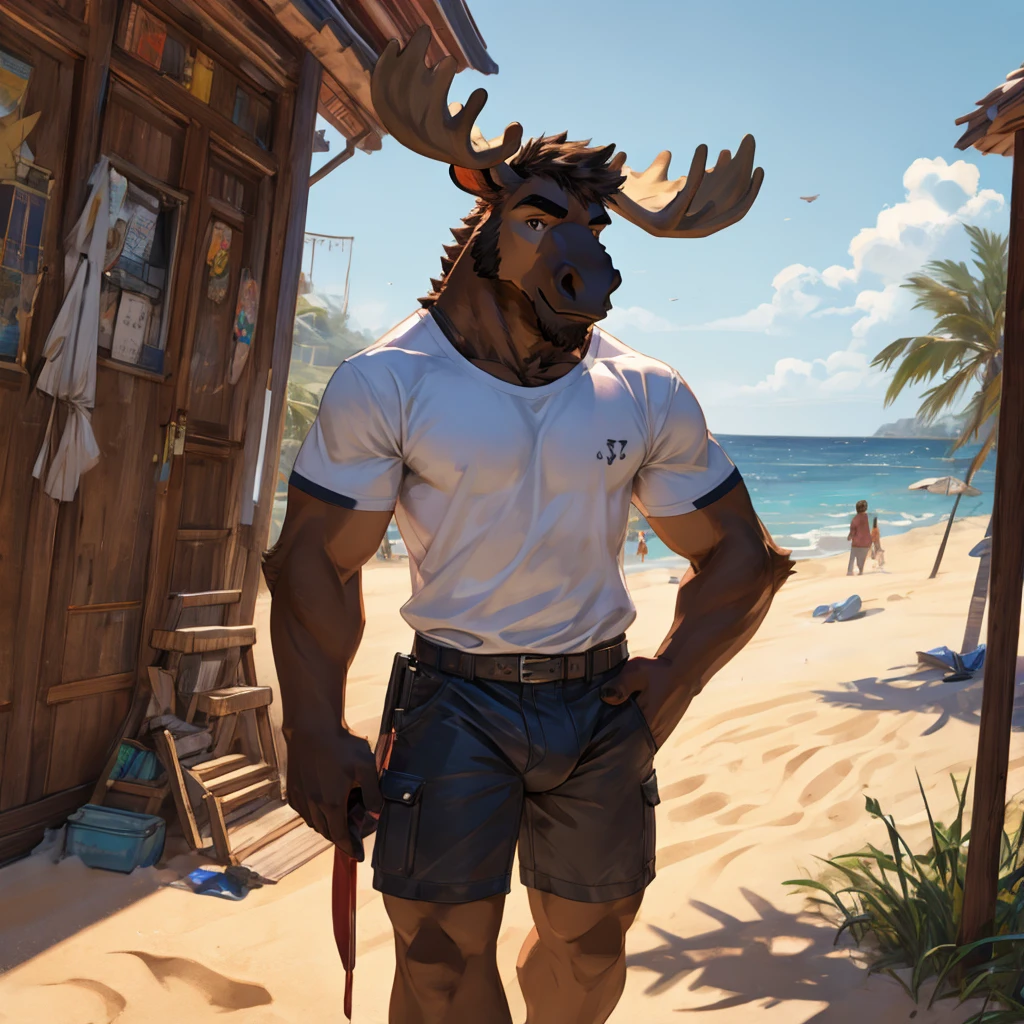 Solo, male, moose, , young, tall, lean, full-body view, beach, wearing only shorts and t-shirt, big bulge