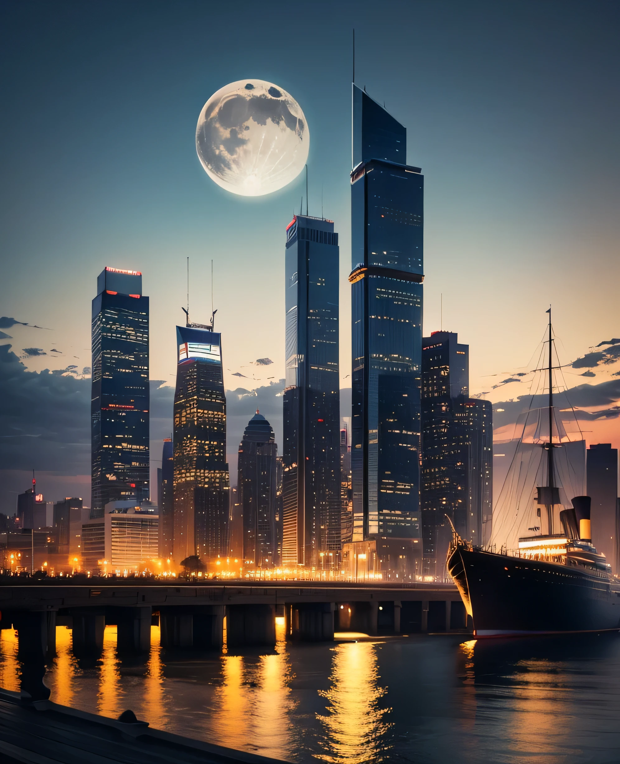 View of the harbor from the Titanic、A city with a view of the sea、moon、The moonlight with a halo、Yellow moon、Night Scenery、Skyscrapers lit up、Seaside bench