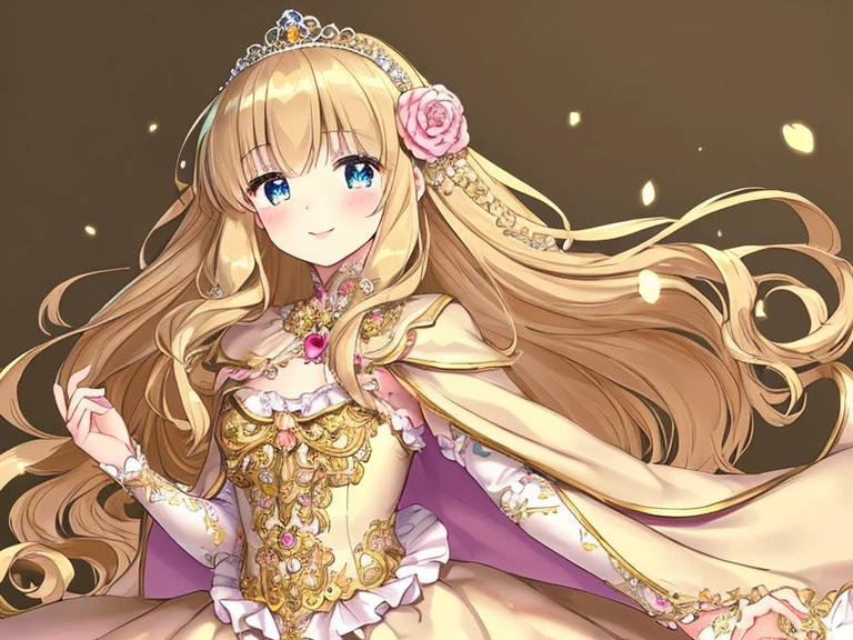 (kawaii),(best quality),(ultra detailed),(rococo style),(long train beige cape:1.15), very long cape,(long train beige ball gown with flower decorations), a girl is wearing a cape over her gown, 1 little princess, tiara with blue jewelry, smile, very long hair, small breasts, beautiful detailed eyes, beautiful detailed lips