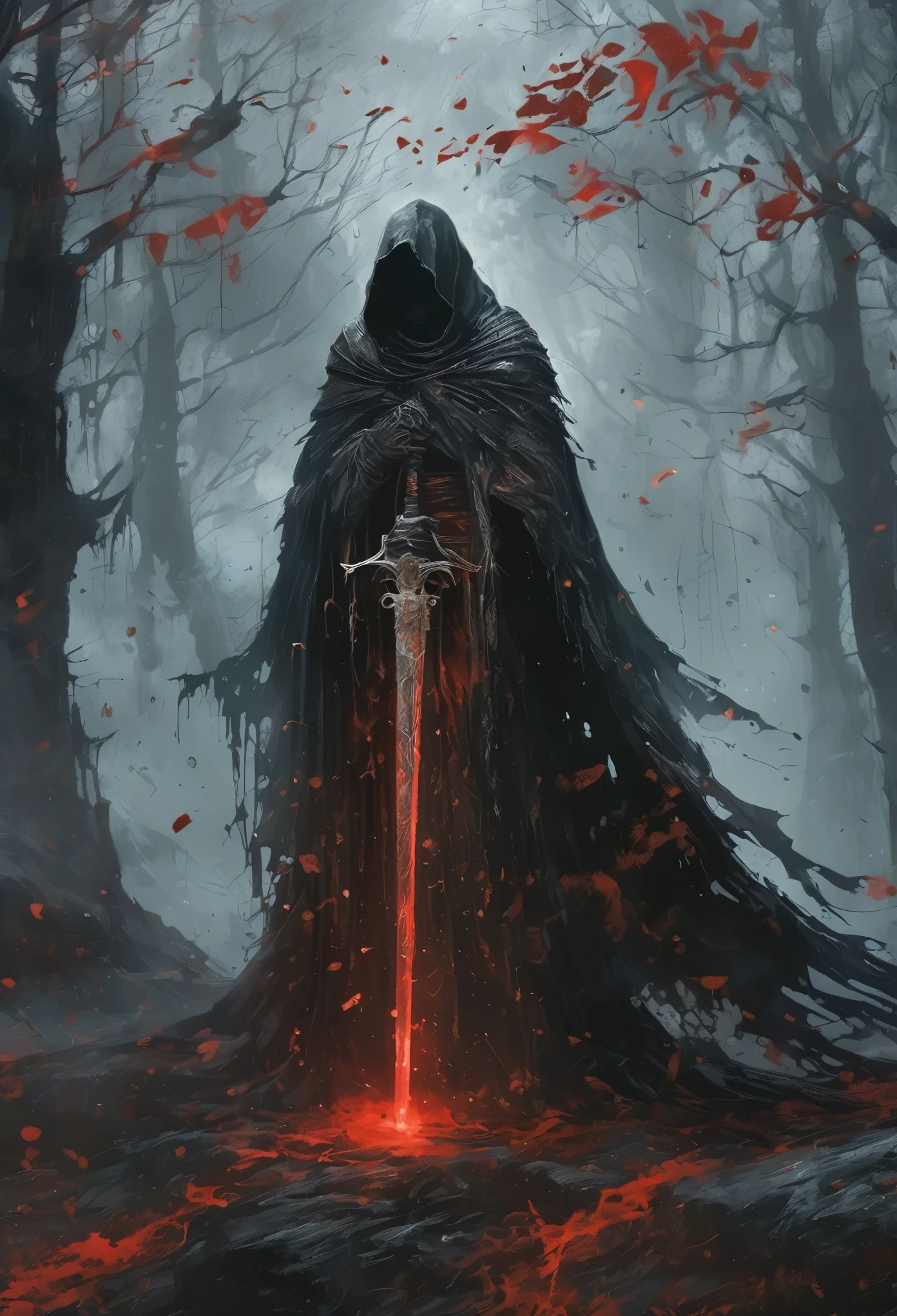 A person wearing a cloak, holding a sword, a lantern, with a red aura emanating from it, surrounded by black candles, blood spattered everywhere, its flowing, exquisite details, in 8k resolution (best quality, 8k, highres, ultra-detailed), with a magical touch (magical power), hauntingly dark (dark ambiance), and an aura of mystery.crow,Skeleton,Cemetery,tombstone,fear