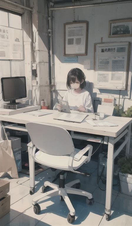 Artistic illustration: Relaxed character and white cat Desk and laptop、A simple desk with mobile devices and other items arranged on it Back view of a person working