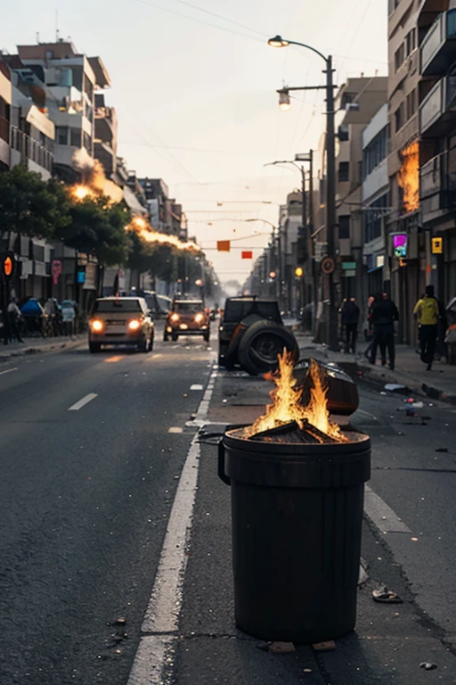 uprising, fire in the street, Garbage bins are set on fire, The streets are closed with burning tires, busy street,