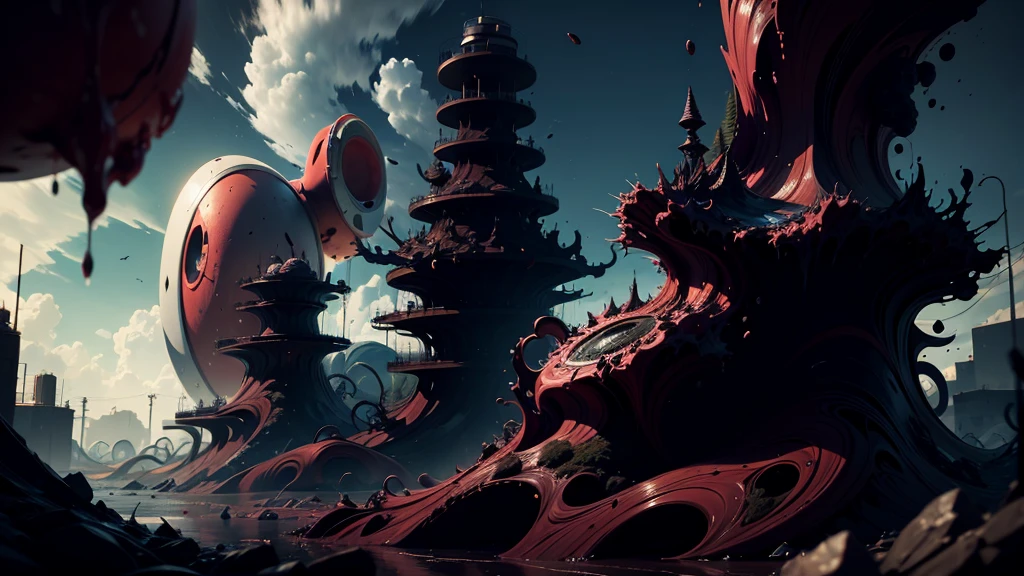 There is a very large red object in the middle of a dark background, 3 d Fluid simulation render, chaotic swirling ferrofluids, rendered in houdini, houdini Fluid simulation, Epic 3D Abstract Model, Fluid simulation in houdini, Fluid simulation, rendered in maya and houdini, rendered, black Fluid simulation, intricate artwork. Octane render