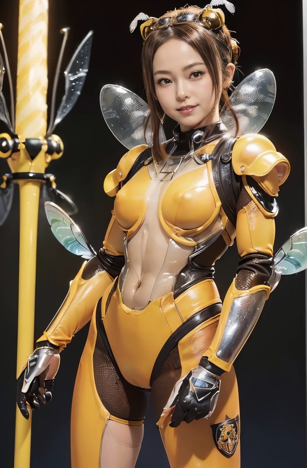 (high resolution,masterpiece,best quality,extremely detailed CG, anime, official art:1.4), realistic, photo, amazing fine details, all intricate, gloss and shiny,awesome many layers, 8k wall paper, 3d, sketch, kawaii, illustration,( solo:1.4), perfect female proportion,villainess, (fusion of queen bee and lady:1.4), (queen bee form lady:1.2), (queen bee lady:1.2), (fusion:1.2), (solo:1.4), (evil smile:1.2), muscular, abs, (queen bee exoskeleton bio insect suit:1.4), (cockroach brown exoskeleton bio insect armor:1.2), (brown transparency queen bee wing:1.4), (brown queen bee antennae:1.3),