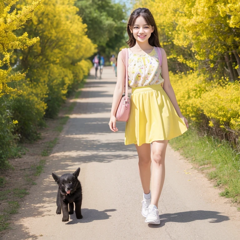 prompt: Very attractive with a backpack, (Walking with a cute puppy), Enjoy a lovely spring outing surrounded by beautiful yellow flowers and natural scenery. 1 girl,Cute face,smile,Mini skirt dress,Pink sneakers,The illustrations are in high resolution with 4K resolution., 12 year old girl with highly detailed facial features