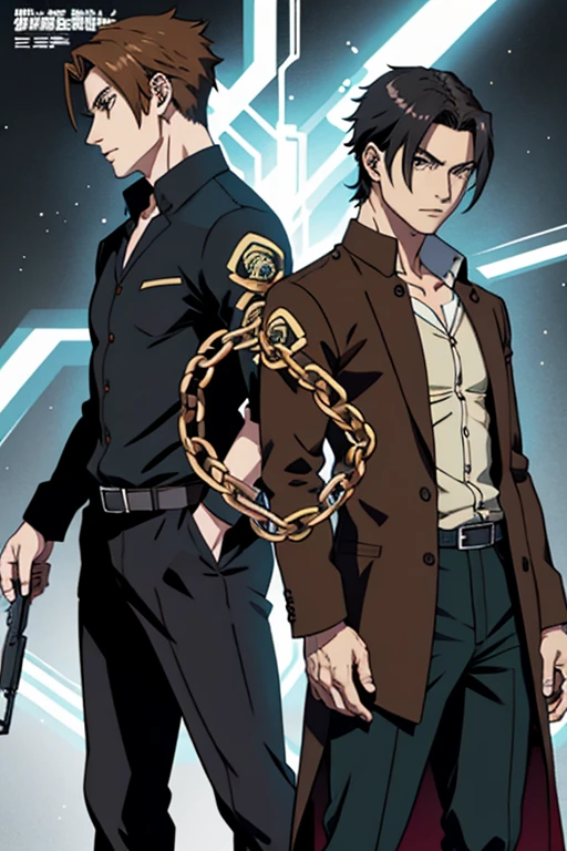 Regenerate me a manga book cover which illustrates forbidden links with two men, one brown haired and the other black haired bodyguard.
