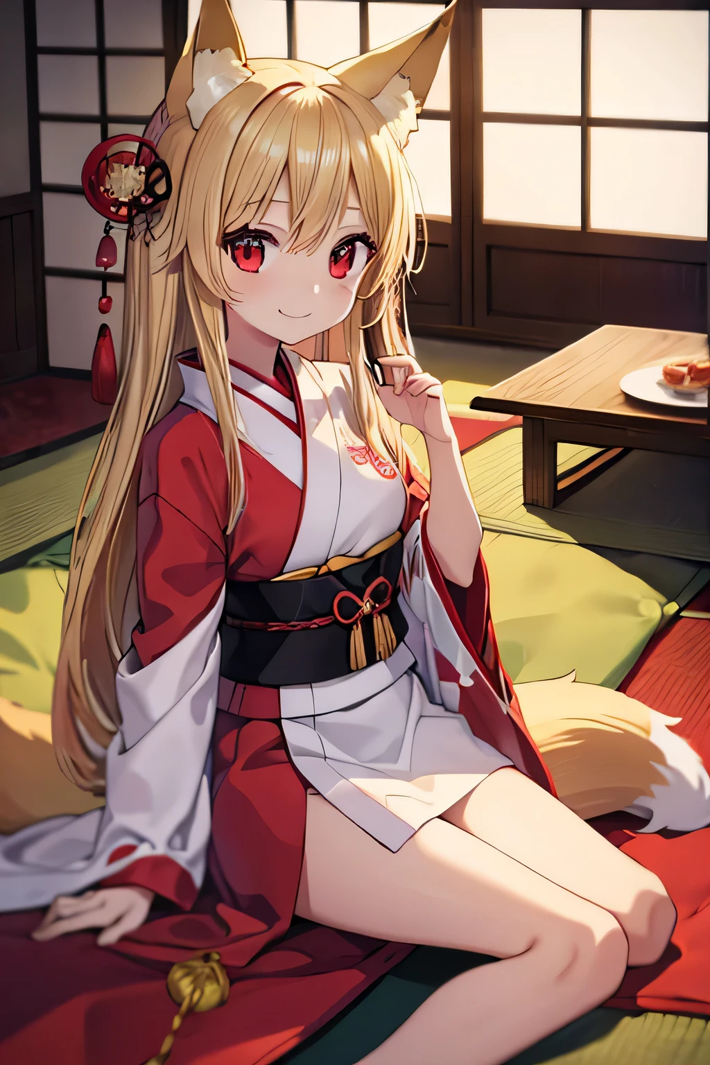 highest quality、smile、Fox ears、Long blonde、Red Eye、kimono、Japanese-style room