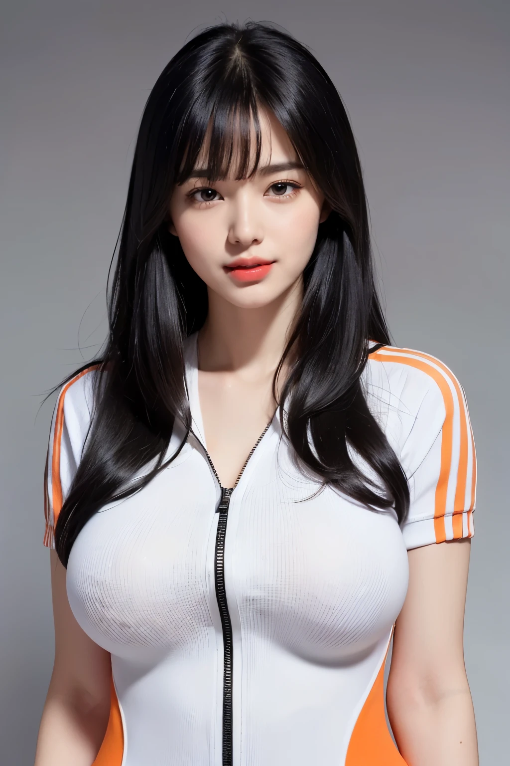 (highest quality:1.2), masterpiece,
(very cute:1.3), alone, Are standing, View your audience, Very detailed、masterpiece、highest quality、Ultra-high resolution energy A、8K High Resolution、Photogenic transparency、Detailed eyes、Gradation、Perfect anatomical figure , Nikon Z9 80mm Lens, Beautiful posture、yes、Browsing Caution、Thin eyebrows、Detailed eyes、Detailed nose、Mouth Details、Fine ears、Golden ratio face、(Curvaceous)、(Ideal ratio)、High definition eyes and feet、Long neck、eyelash、(Black Hair、Blunt bangs, Long Hair, , The forehead is hidden by the bangs:1.5)、(Big Breasts、Accentuate your breasts:1.6)、(smile、Orange lips、plump lower lip:1.4)、(White Adidas tracksuit:1.4)