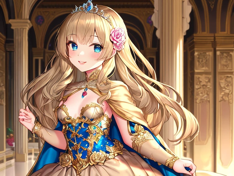 (kawaii),(best quality),(ultra detailed),(rococo style),(long train beige cape:1.15), very long cape,(long train beige ball gown with flower decorations), a girl is wearing a cape over her gown, 1 little princess, tiara with blue jewelry, smile, very long hair, small breasts, beautiful detailed eyes, beautiful detailed lips