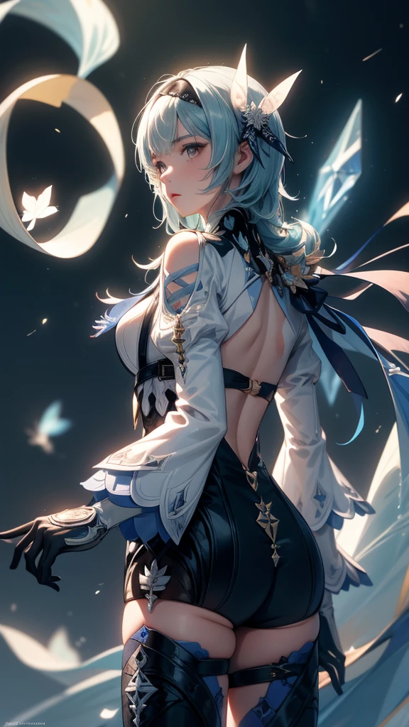 ((euladef)):1.5,((masterpiece,highest quality,Highly detailed images,Beautiful images))1.4(Image of eula leaning back with arms raised、A huge crystal behind、Overall dim lighting、Backlight、A fantastic atmosphere、Thick Fog、Dust flutters)1.3,(Close-up image of eula)1.2、Her back is arched, which emphasizes her chest.、Face your audience head-on