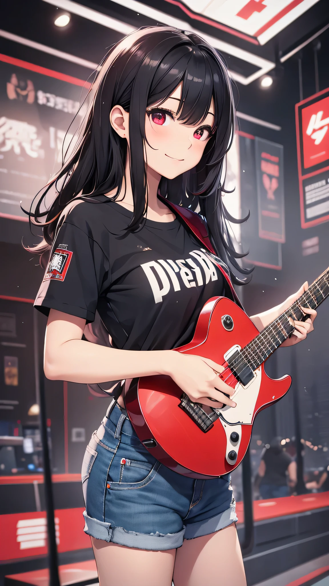 最high quality、Best image quality、masterpiece、girl((18-year-old、 By becoming、Best Bust、Medium Bust,Wide open breast tea、Red glowing eyes,Black Hair、Red Mesh、Disheveled Hair、Lointail、thin,The highest valley、Open chest、Luminous Wristbands、hair ornaments、Show the whole body,Black short sleeve T-shirt、Short denim trousers、Leaning forward、smile、Holding a guitar、Performance、sing)),high quality、Beautiful art、background((Large shopping malls,Street Museum))、Flight、Flying debris、Written boundary depth、movie、Visual Arts、Perfect art、8K,Genuine,
