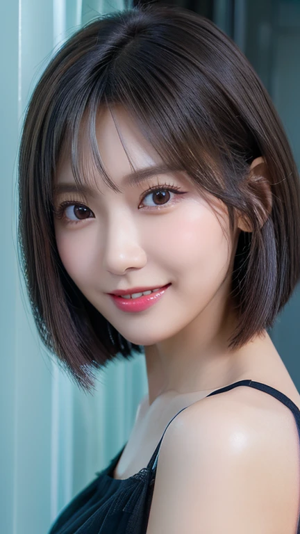 super highest quality, Face Focus, Soft Light, Ultra-high resolution, (Realistic:1.4), RAW Photos,
One Japanese woman, alone, cute, (pupil, There&#39;There&#39;There&#39;There&#39;The light in my eyes),  (Beautiful face in every detail:1.3)  ((High resolution detail of human skin texture:1.3) Beautiful glowing white skin　　(Beautiful three-dimensional effect)　
indoor,Black tulle blouse (Beautiful straight bob hair all the way to the ends:1.3)  Elegant and clean　　Intelligent and stylish
(Portraiture)  Focus on pupil in high definition　Diffused light from a window　Beautiful gradation　A kind smile　(Beautiful gradation:1.3)  A kind smile　