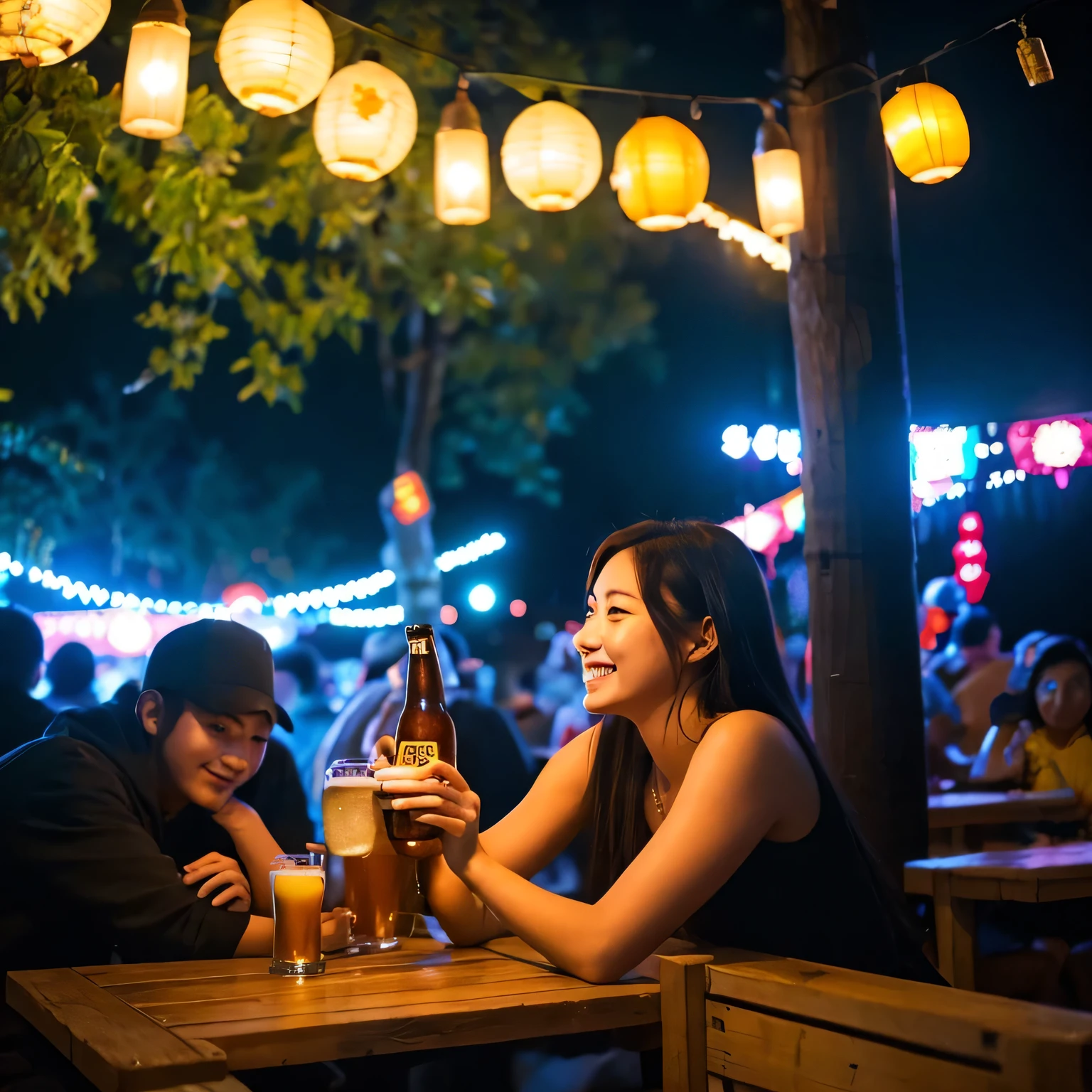Beer garden at night、Beer 、Highball, lanterns in the night sky