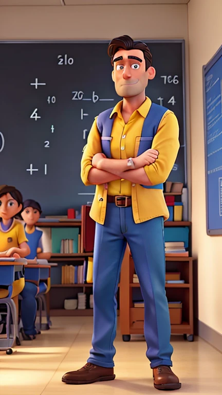 Jon Hamm, Cartoons in yellow shirt and blue pants, arms crossed, black hair and beard, math teacher, word math,holding math books, behind him abord of class and students