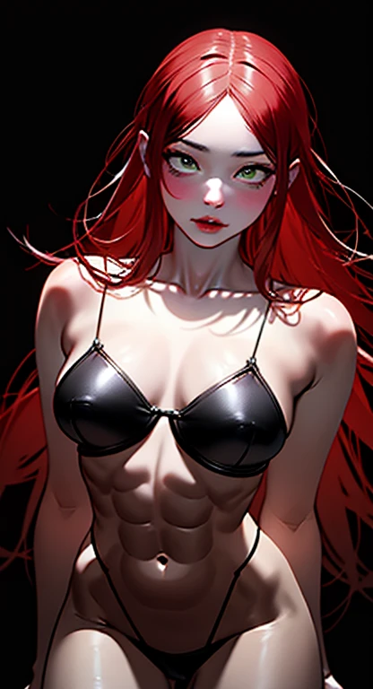 A stunningly realistic dark fantasy portrait of a tall, leggy red-haired woman with a chiseled abs, small waist, large emerald green eyes, and plump lips. She stands confidently, her body displayed in all its glory. The background is a mix of dark, brooding colors, with some ethereal elements, creating an atmospheric and mysterious setting. The overall tone of the image is a blend of beauty, power, and darkness., dark fantasy, portrait photography, painting