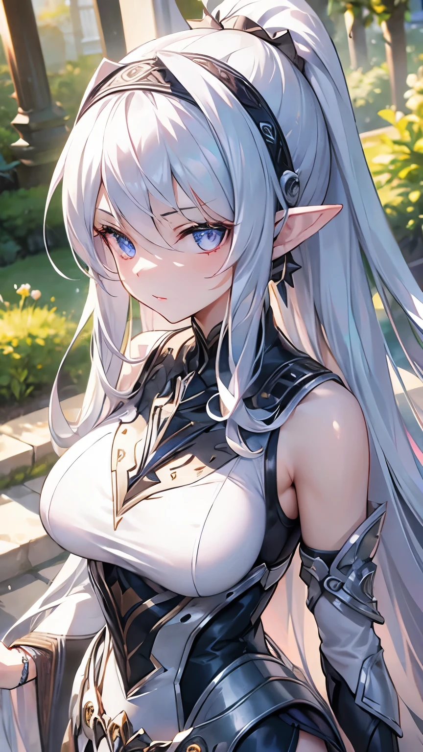 ((silver hair)), highly detailed face and eyes, very long hair, jewelry, purple hairband, long pointy ears, anime, masterpiece, textured skin, (super detail), award winning, (best quality), elf, in forest, Sunbeams filtering through the trees, (Tank top), whole body, beautiful legs, hunting, bow and arrow, eyeball, tsurime, multicolored eyes