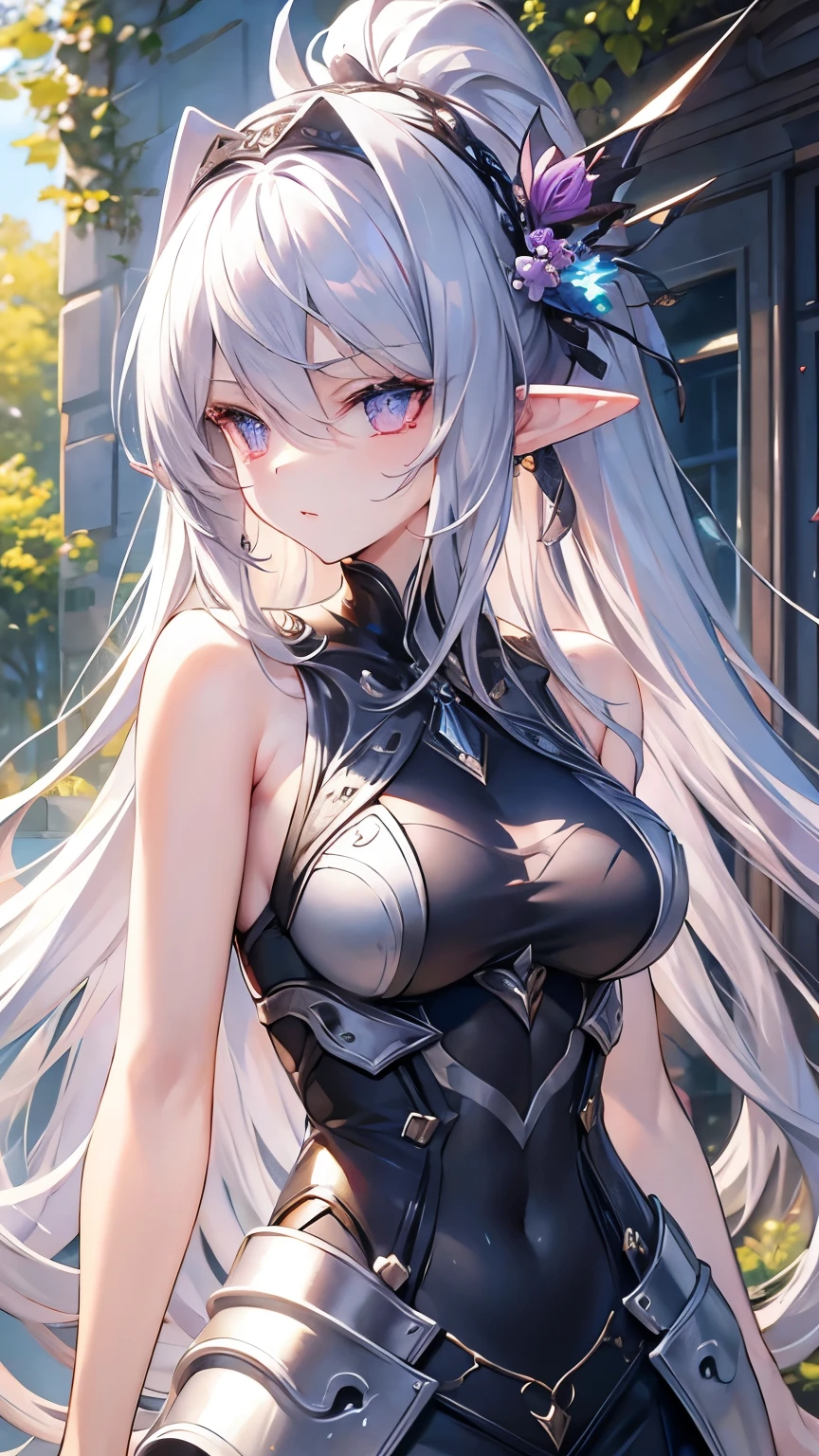 ((silver hair)), highly detailed face and eyes, very long hair, jewelry, purple hairband, long pointy ears, anime, masterpiece, textured skin, (super detail), award winning, (best quality), elf, in forest, Sunbeams filtering through the trees, (Tank top), whole body, beautiful legs, hunting, bow and arrow, eyeball, tsurime, multicolored eyes