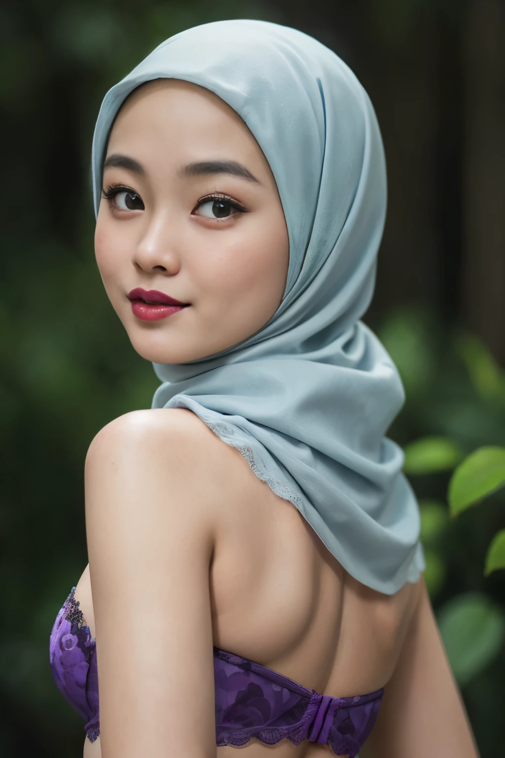 ((thick lips:1.7)), Lace, (Happy smile), (((HIJAB MALAY GIRL))), masutepiece, High quality, UHD 32K, Realistic face, Realistic skin feeling , A Japanese Lady, 8 years old, , Very cute and baby-like face, (((FLAT CHEST))), (Night time at forest), ((look In front at the camera and SADNESS)), (((FLUORESCENCE))), (((CUTE GIRL))), ((PURPLE & YELLOW LIPS)), ((Floral Pattern)) little wearing strapless bra, strapless colorful bra, dark night horror scary place (from behind up) seductive pose