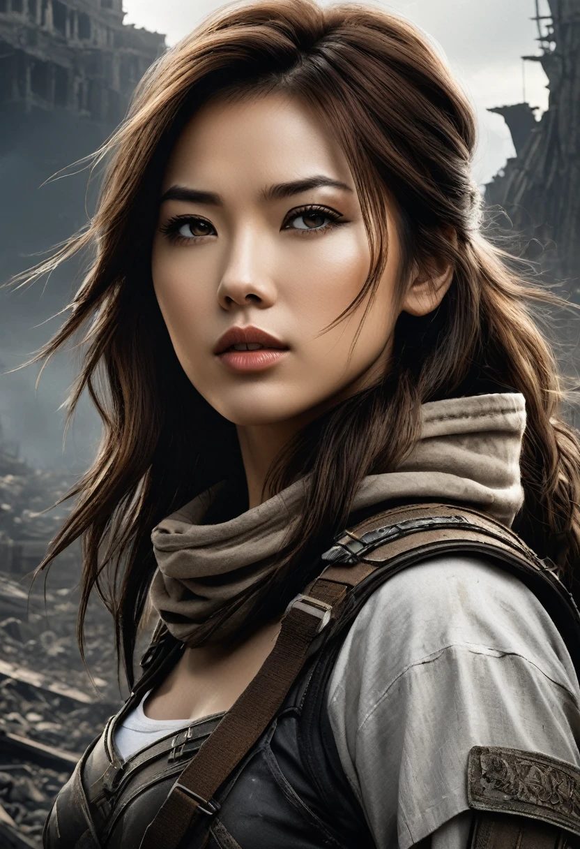 Portrait gerl, close-up, a cover starring a beautiful white girl in a dark image, in the style of post-apocalyptic ruins, asian-inspired, beautiful women, cinematic sets, superheroes, white and brown,