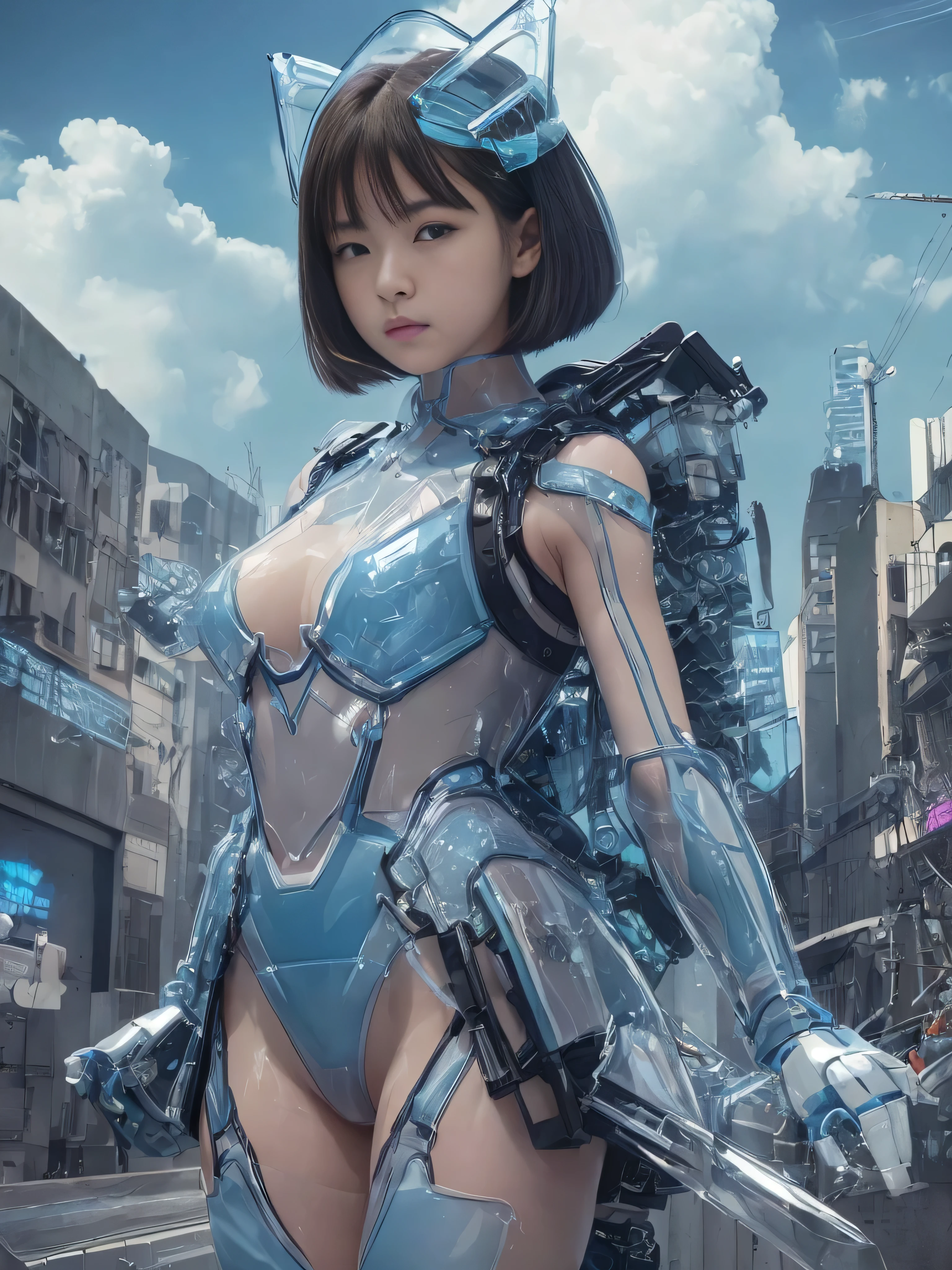 (RAW quality:1.4), One Girl, Japanese, 14 years old, Textured skin, Long sky blue hair, Very detailed, Advanced Details, high quality, 最high quality, High resolution, 1080p, hard disk, beautiful,(Gundam),Beautiful cyborg woman,large body,((Wearing Futuristic Transparent Reinforced Plastic Machine Parts。:1.4)), Nipples covered with transparent mechanism, Mechanically protected front groin, Exposed lower abdomen, The bare skin of the large body is exposed., large body naked, Perfect Proportions, Great tit, (He carries a lot of weapons on his back..:1.4), (Hero Pose), Cowboy Shot, (Short-cut straight hair that looks beautiful in blue and white:1.4), folded building background, City in flames, (The blue LED on the bust top glows strongly:1.4), Biologically correct,