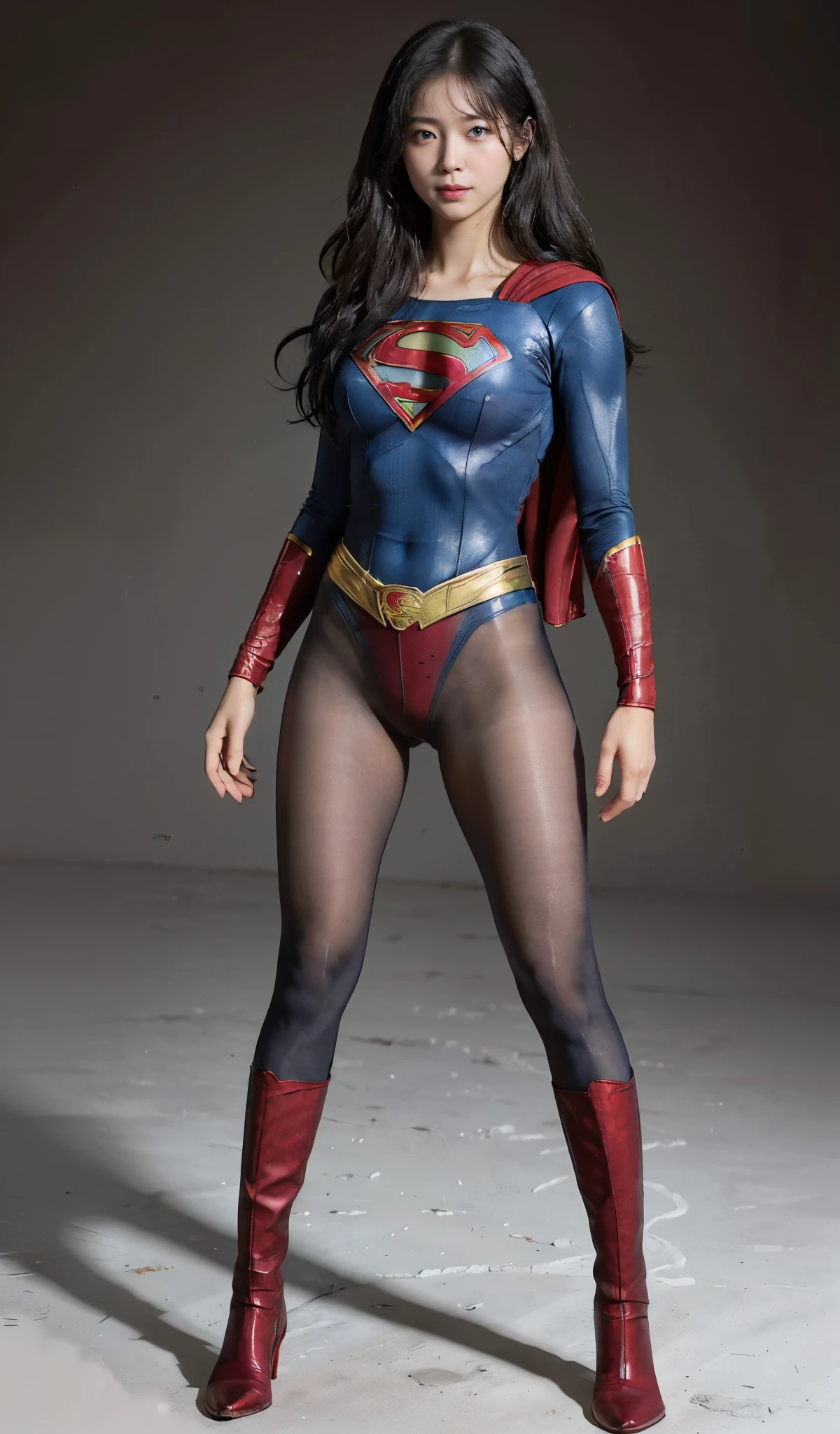 No background、(((Beautiful legs in black tights.)))、(((Legally express the beauty of your smile)))、((((Make the most of your original images)))、(((Supergirl Costume)))、(((Beautiful Hair)))、(((suffering)))、(((Please wear black tights....、Wear red boots)))、((Best image quality、8k))、((highest quality、8k、masterpiece:1.3))、(((Preserve background )))、Sharp focus:1.2、Beautiful woman with perfect figure:1.4、Slim Abs:1.2、Wet body:1.5、Highly detailed face and skin texture、8k