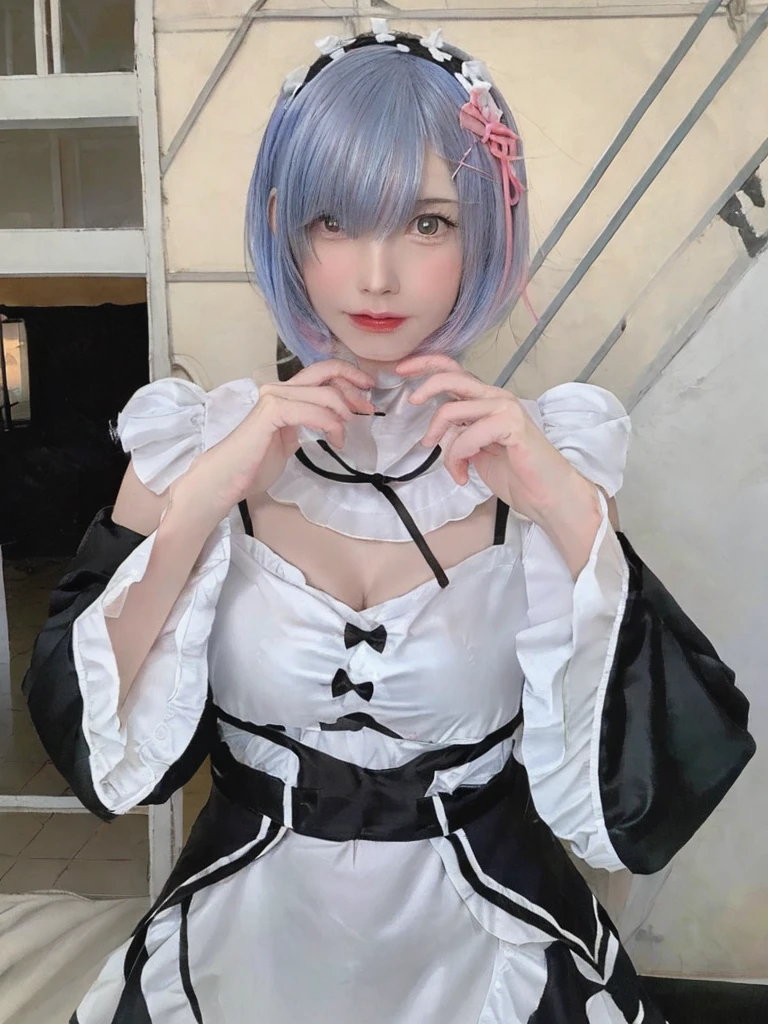 (8K, Photorealistic, Raw photo, of the highest quality: 1.3), (1girl in), Super beautiful, (Realistic face), (boyish, light blue Color Berry Shorthair),(8K, Photorealistic, Raw photo, of the highest quality: 1.3), (1girl in), Super beautiful, (Realistic face), (boyish, pink Color Berry Shorthair), Beautiful , Glare that captivates the viewer, Beautiful expression, Beautiful breasts, (Realistic skin), Be...Create a detailed and colorful image of Ram and Rem from Re:Zero, standing back-to-back in their maid outfits, with a magical fantasy background、14years old, two girls,cute, perfect face, beautiful, nice body, gothic ta clothes, gothic loliashion, frilly skirt, headdress, necklace, bracelet, knee-high socks, boots, double eyelids, tear bags, Detailed down to the fingers, photo-like description, indoors, dim indoor lighting, one girl is pink hair and short bob, another girl is light blue hair and short bob,standing, whole body, composition that shows the whole body, smiling,The Both of them are wearing the same type of maid outfit