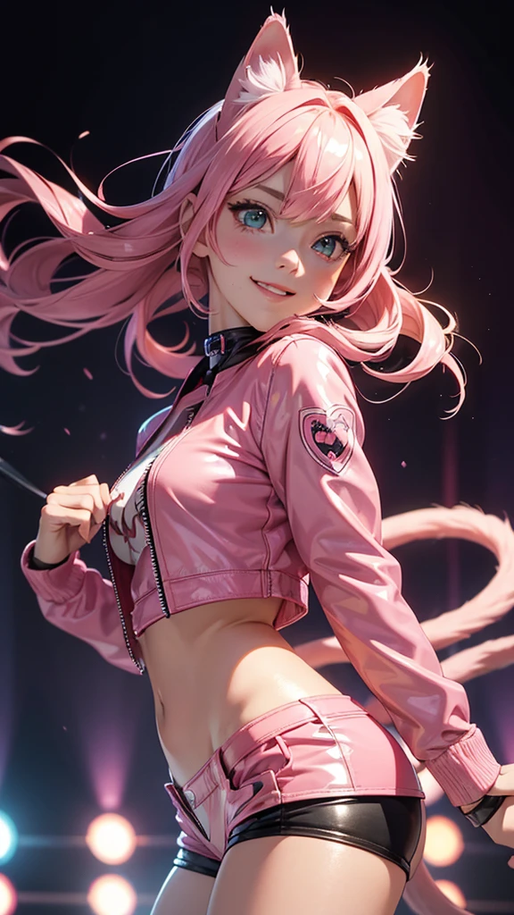 (high resolution, upper body, soft skin:1.2),(best illustration,masterpiece:1.2),ultra-detailed,[(cat ears ,pink inside:1.2),vivid colors,sharp focus,portrait,studio lighting,bokeh, wearing a anime shirt, pink leather jacket, pink latex mini shorts, smiling, rock concert background