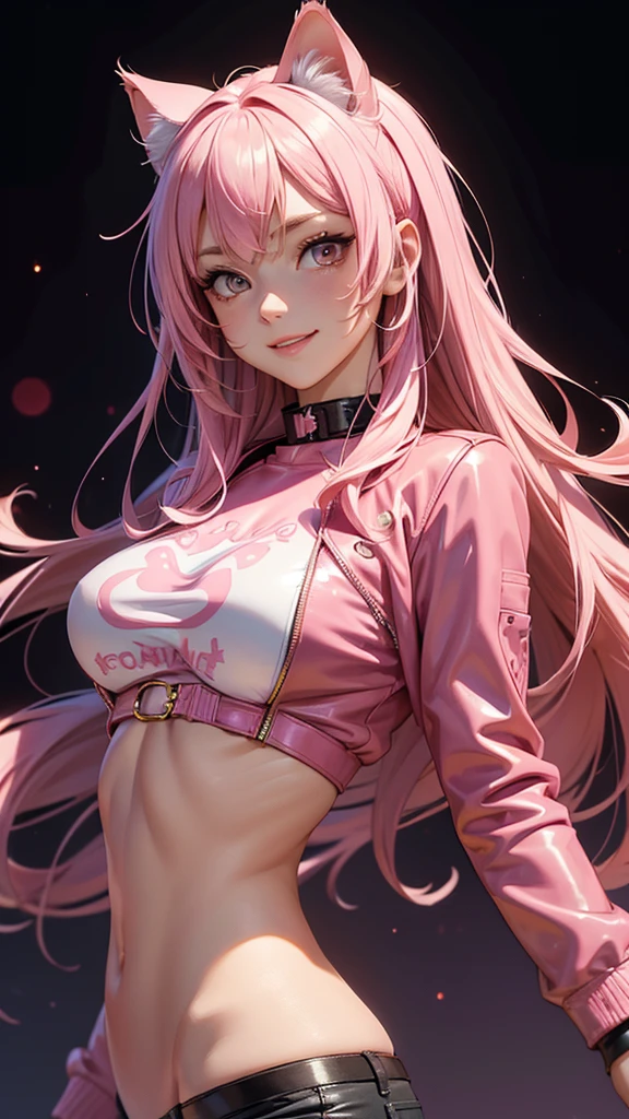 (high resolution, upper body, soft skin:1.2),(best illustration,masterpiece:1.2),ultra-detailed,[(cat ears ,pink inside:1.2),vivid colors,sharp focus,portrait,studio lighting,bokeh, wearing a anime shirt, pink leather jacket, pink latex mini shorts, smiling, rock concert background 