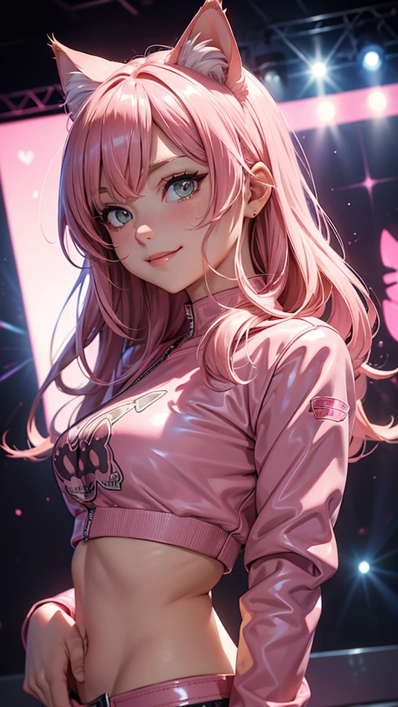 (high resolution, upper body, soft skin:1.2),(best illustration,masterpiece:1.2),ultra-detailed,[(cat ears ,pink inside:1.2),vivid colors,sharp focus,portrait,studio lighting,bokeh, wearing a anime shirt, pink leather jacket, pink latex mini shorts, smiling, rock concert background 