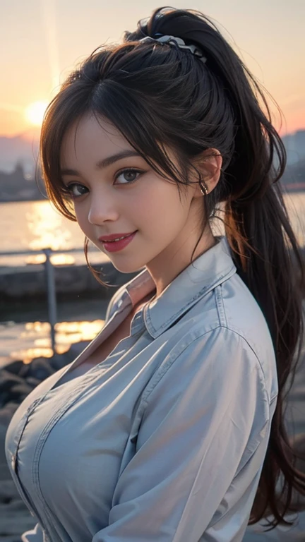A girl named Shinestar, POV, Sunburst Flare, f/2.0, 105mm, Nikon, Ponytail, UHD, Retina, masterpiece, accurate, anatomically correct, textured skin, American with bright gray eyes, smiling with a bright, cheerful demeanor, fully showing their entire body, ultra-detailed, high-detail, high-quality, best quality, high resolution, 1080P, HD, 4K, 8K, Casual Wear