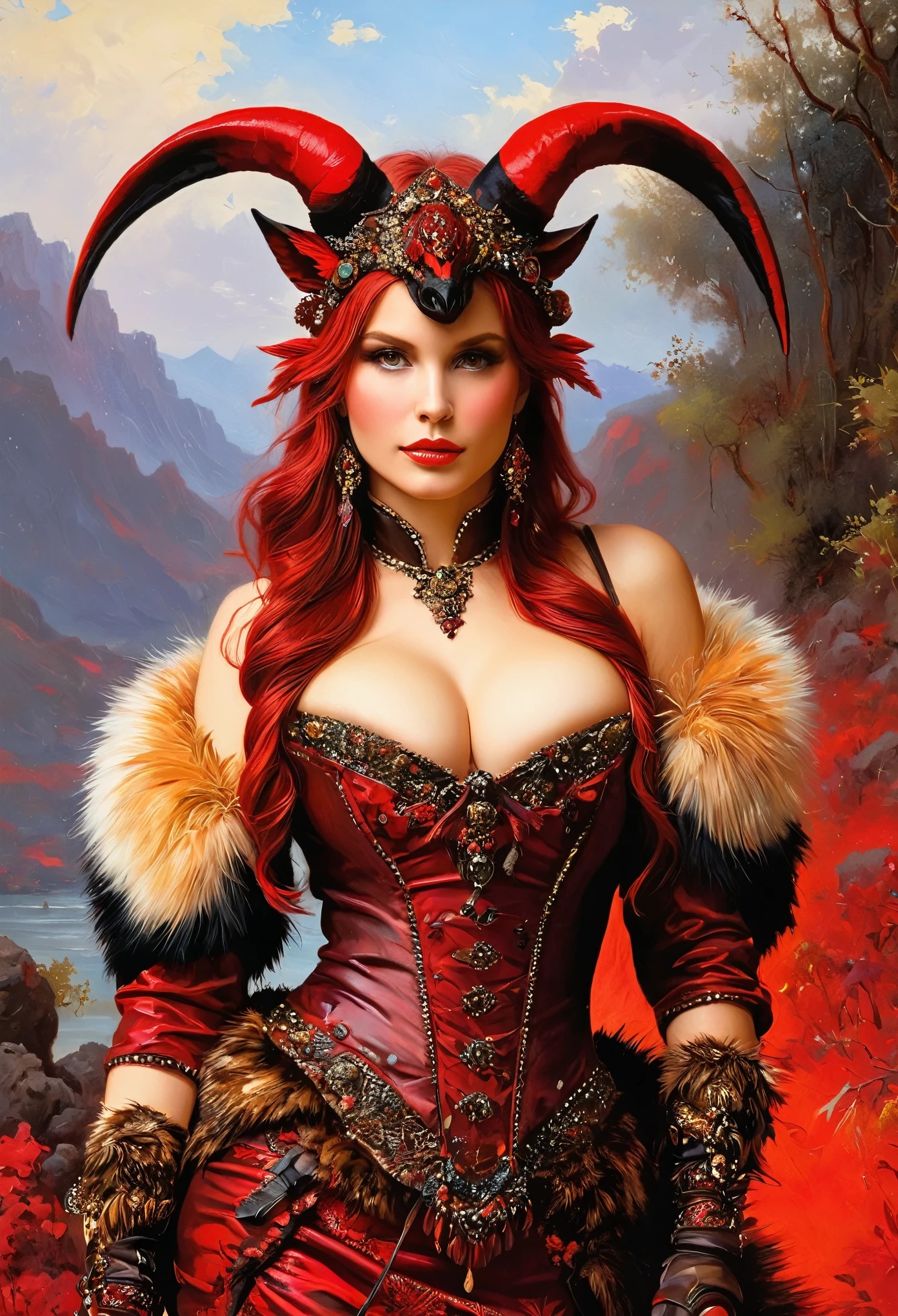 Gustave Moreau (Gustave Moreau),Thomas Kinkade (Thomas Kinkade),james gurney (james gurney) HDR landscape photos taken,Carne Griffith,Frank Frazetta,van gogh,Alberto Servizou (Alberto Cervezu) Oil painting on canvas,Practical,Dark Red,Red Lava Color Tone,Surrealism, Star光环, (1Red Lava Magma Girl:1.6),(Wearing a traditional fur ha distinctive ear flaps droop to cover the demon's fiery ears.),(Dark Red的熔岩皮肤:1.5),(Glowing orange eyes and sharp, menacing teeth),(Shrouded in an ominous aura of volcanic lava:1.5),(complicated烧焦熔岩图案遍布它的乌尚卡),Symbolizing its extraordinary power,And a faint plume of smoky essence gently rises from its body,Into the cold,There is a faint smile on its face,Hinting at its playful nature,Comparative, Tone, texture, detailed, Star, Colorful Halo, Energetic, expressive, dramatic, organic lines and forms, dreamy and mysterious, Surrealism, Portrait Photography, Blessing Hands, complicated,meticulous,sharp,Clear,Better image quality,rough brushstrokes,High Dynamic Range,vivid,Rich in details,阴影和高光Clear,Reality,generous,Comparative度增强,Rich in details, (Close-up portrait:1.5)