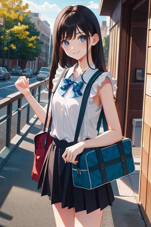 masterpiece, highest quality, High resolution, Very detailed, Detailed Background, Cinema Lighting, One girl, young woman, Wear a white sleeveless shirt,Shorts、 smile, school bag, (school bag:1.0), Are standing, whole body, Day, Day光, Outdoor、Slope、