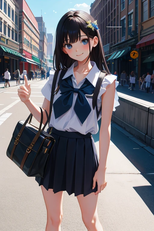 masterpiece, highest quality, High resolution, Very detailed, Detailed Background, Cinema Lighting, One girl, young woman, Wear a white sleeveless shirt,Shorts、 smile, school bag, (school bag:1.0), Are standing, whole body, Day, Day光, Outdoor、Slope、