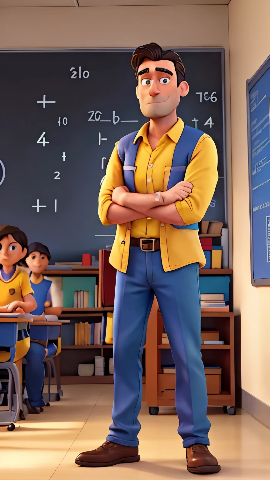 Jon Hamm, Cartoons in yellow shirt and blue pants, arms crossed, black hair and beard, math teacher, word math,holding math books, behind him abord of class and students
