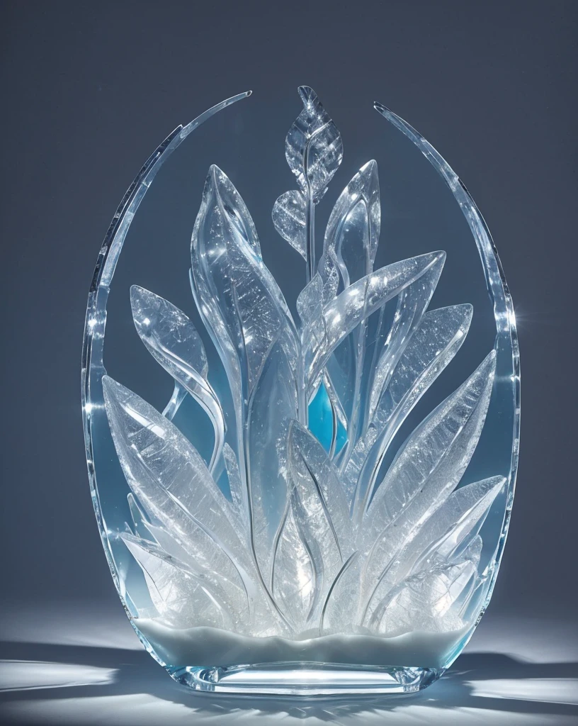 Ice sculpture in flower shape, in the water, bright background, studio lighting,romantic style, glass-like sculptures, frozen movement,high details,expensive style,pop style, high details white and silver tone