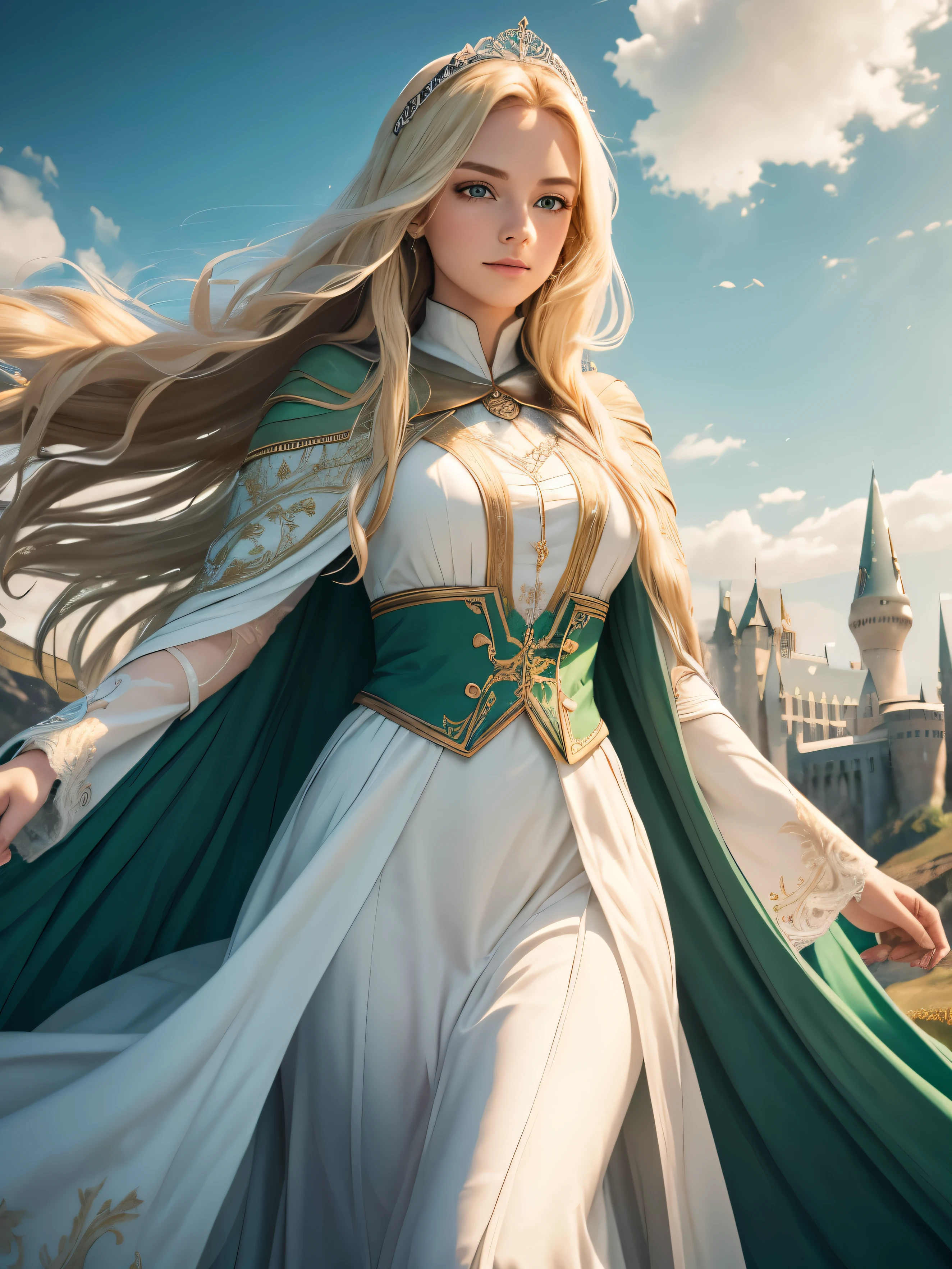 21 years old, Noble and beautiful princess,Cassandra Worley,Long blonde hair and waist, Big shiny green eyes, White skin,Long eyelashes, Long green cloak, Background of Hogwarts, Casting posture,{{{masterpiece}}},{extremely detailed CG unity 8k wallpaper},best quality,Amazing,finely detail,solo,cinematic lighting,close-up,{{floating hair}},outdoors,sky,{{wind}},detailed background,beautiful detailed eyes,,bright pupils,{{full body}}, dynamic pose,dynamic angle,looking at viewer,detailed clothes,,