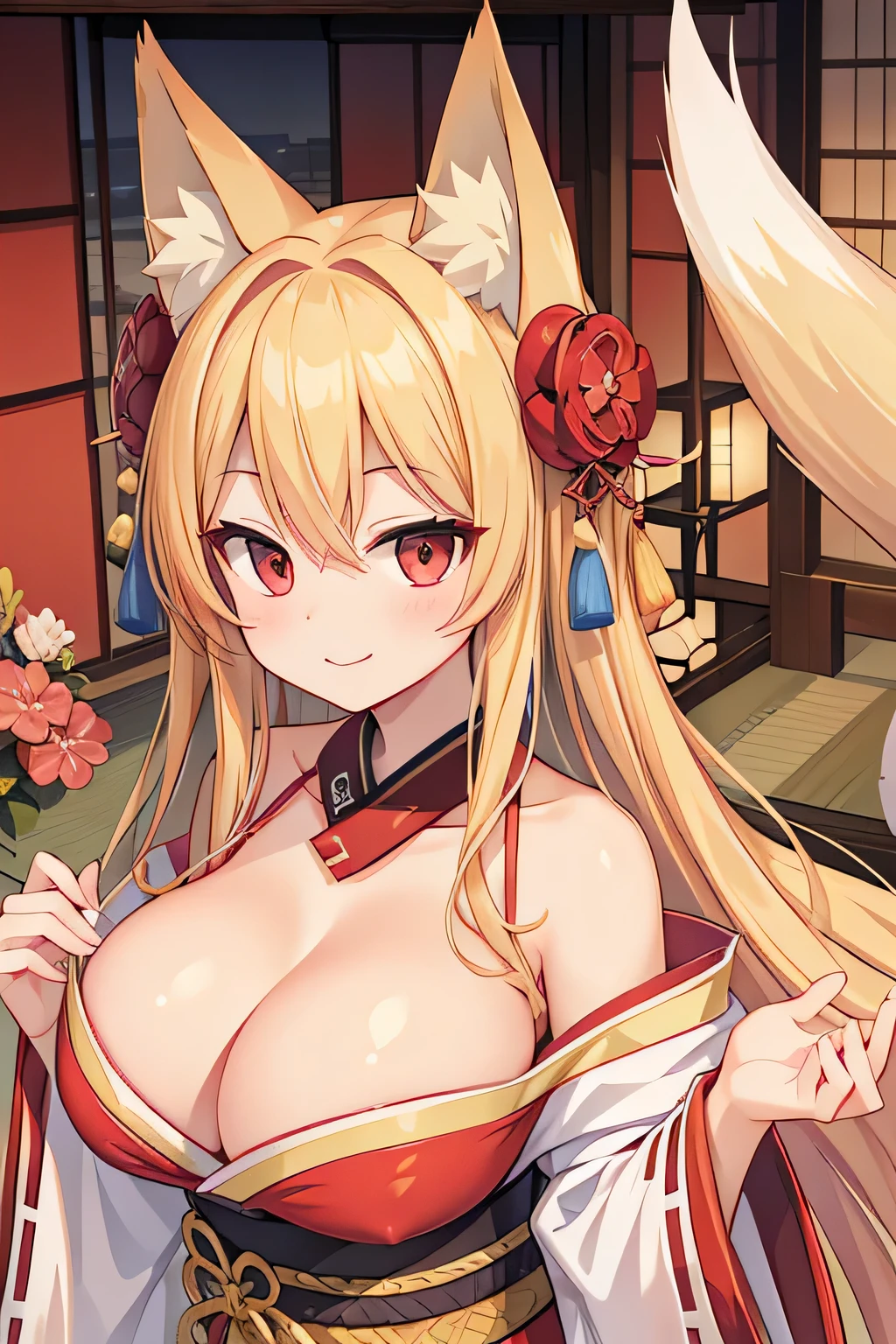 highest quality、smile、Big Breasts、Cleavage、Fox ears、Long blonde、Red Eye、kimono、Japanese-style room