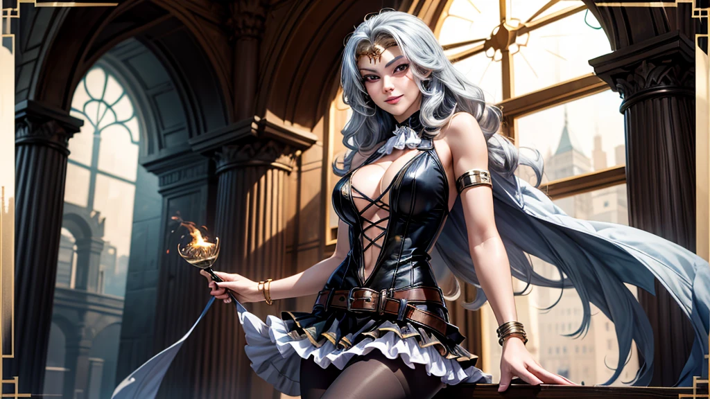 (masterpiece, best quality:1.2), cowboy shot, solo, 1girl, carla cromwell, evil smile, looking at viewer, crossed arms, circlet, dress, center opening, pantyhose, armlet, bracelet, belt, cleavage, large breasts