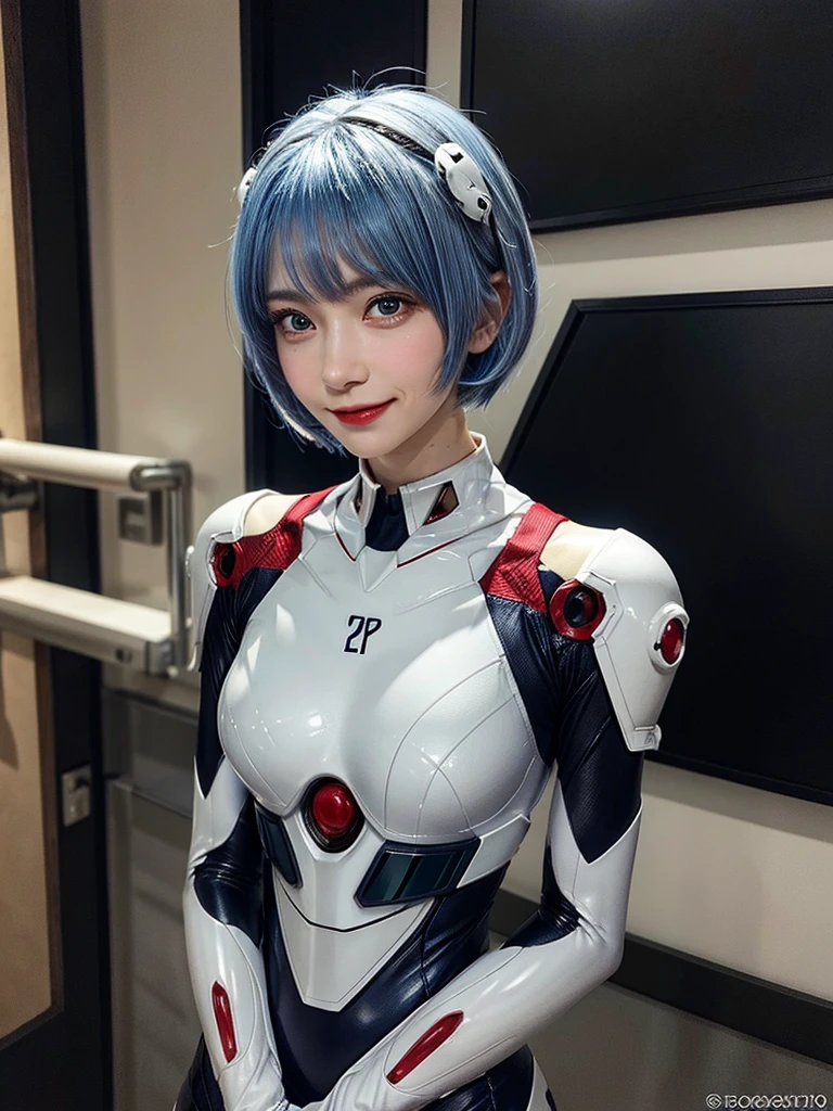 Masterpiece, highest quality, 8K, detailed skin texture, fine cloth texture, beautiful detailed face, intricate details, super detailed, portrait of Rei Ayanami, blue hair, red eyes, looking far away, no background, Evangelion Wearing a plug suit when riding, plug suit, whole body visible, standing, arms crossed, , beautiful, cute, great style, smiling,composition that shows the whole body,