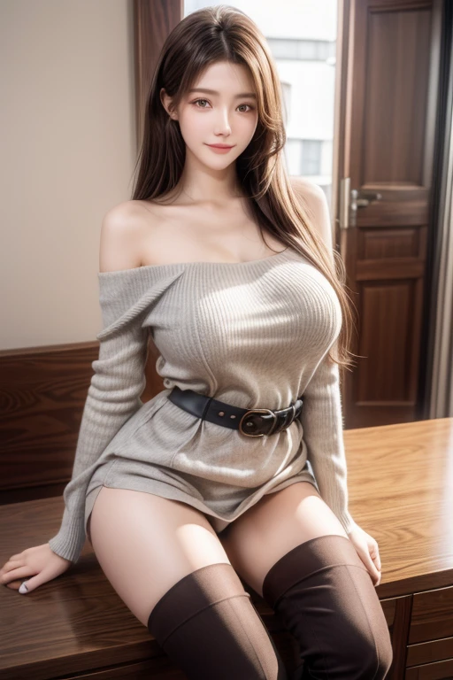 masterpiece,best quality,ultra detailed,8k,tall,big female,gigantic breasts,20 years old,medium hair,wavy hair,brown hair,hairclip,happy,smile,brown sweater,ribbed sweater,bare shoulders,detached sleeves,belt buckle,black tights,boots,strapless,bent over,Close-up,