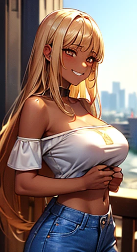 (8K、Top image quality、top-quality、​masterpiece)、A detailed face、1 girl in、Blonde longhair、blunt bangs、Golden eyes、piercings、((Brown skin))、((skin tanned))、Grinning、very Bigger breasts、White sweater、off shoulders、Strapless、denim、long trousers、cowboy  shot、City background