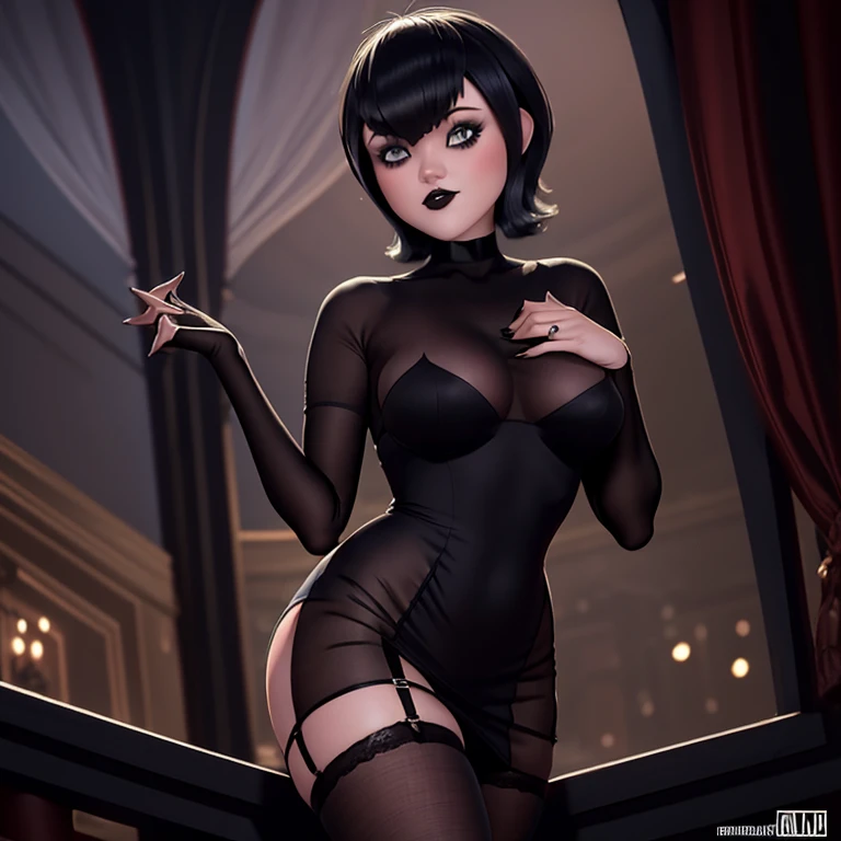 Mavis , posing in lingerie , balcon ,luna llena ,belleza sobrenatural, gothic makeup short hair bob style thick lips big and heavy breasts thin waist wide hips big and separated legs high heels 