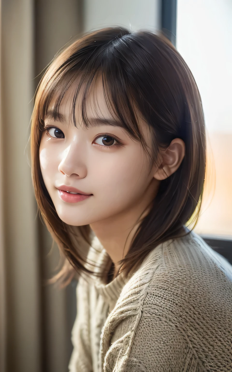 (Photo Real:1.4), (hyper realisitic:1.4), (Smooth lighting:1.05), 1 girl, neat and clean beauty, (sad:1.4), Close-up of the face, 22 years old, Soft lighting, Back lighting, (cheerfulness:1.2), (Finest Real Textured Skins), Narrow-eyed, Super fine face, Gravure Idol Pose, glowy skin, retinas, Anatomically correct, acurate, Super Detail, Textured skin, High quality, high details, Best Quality, High resolution, bangs, sweater