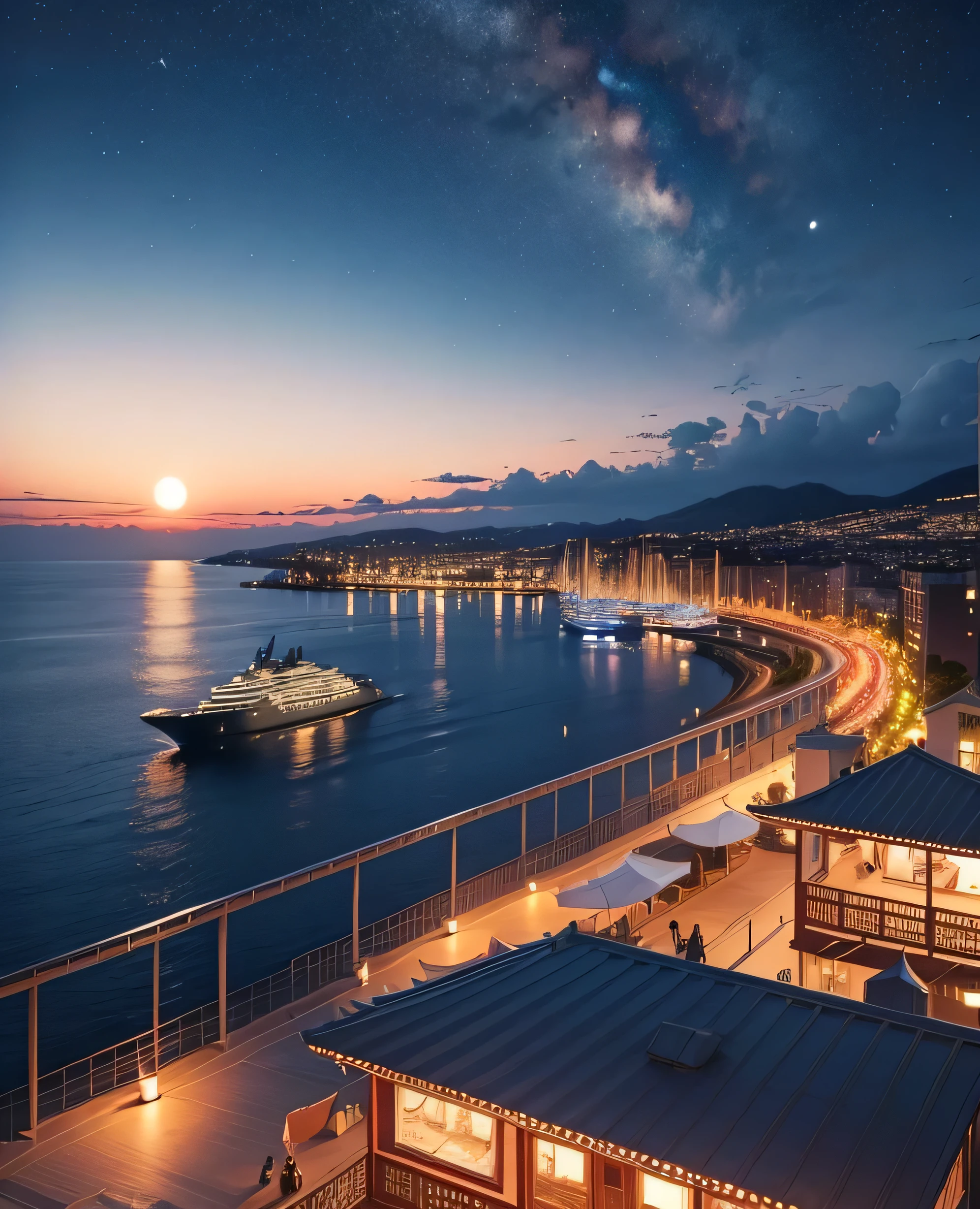View of the harbor from a luxury cruise ship、A city with a view of the sea、moon、The moonlight with a halo、Yellow moon、The scenery is of a 1980s townscape.、Milky Way Galaxy、