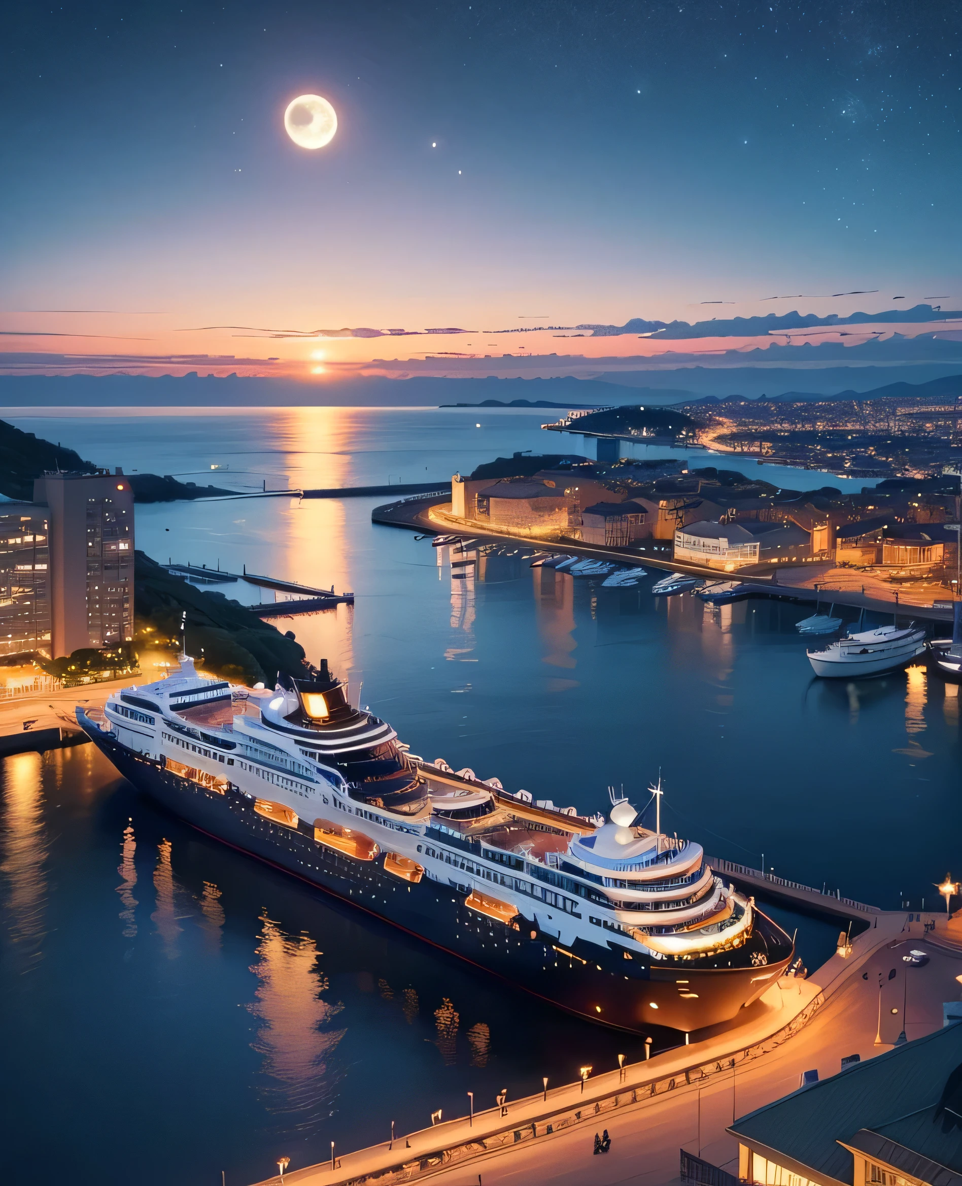 View of the harbor from a luxury cruise ship、A city with a view of the sea、moon、The moonlight with a halo、Yellow moon、The scenery is of a 1980s townscape.、Milky Way Galaxy、
