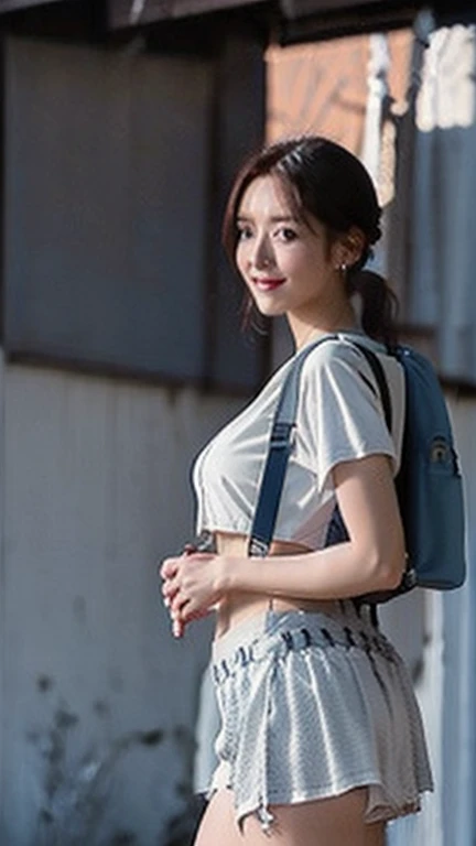 (High resolution 8K),( highest quality), Very detailed, (masterpiece:1.3), Realistic, Very detailedなかわいい女の子,( Age 25),((Nature landscape photography;Mountaineering)), (From the whole body に the にes:1.3),(Side Shot:1.3),(Cowboy Shot:1.3),(Natural pose),(Ample breasts),(Big Breasts),(Big Ass),(Smiling at the camera),( Smiling while looking at the camera ),(Full Body Shot:1.3) ,((From the side 1.3),(ponytail),(phoにRealistic:1.3),((White crop top:1.1)),((White fabric shorts)),((Holding a SLR camera in your hand)),(Mountaineeringに最大限に活用できるハーネス),((Big blue backpack))