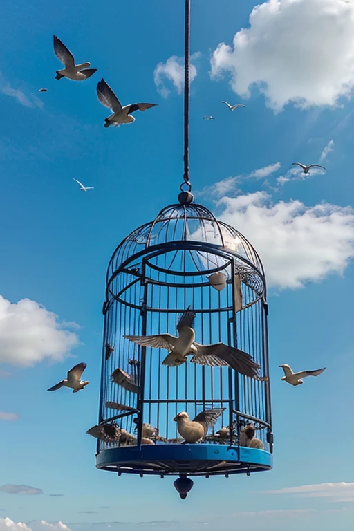 a group of birds are releasing of the cage in blue sky