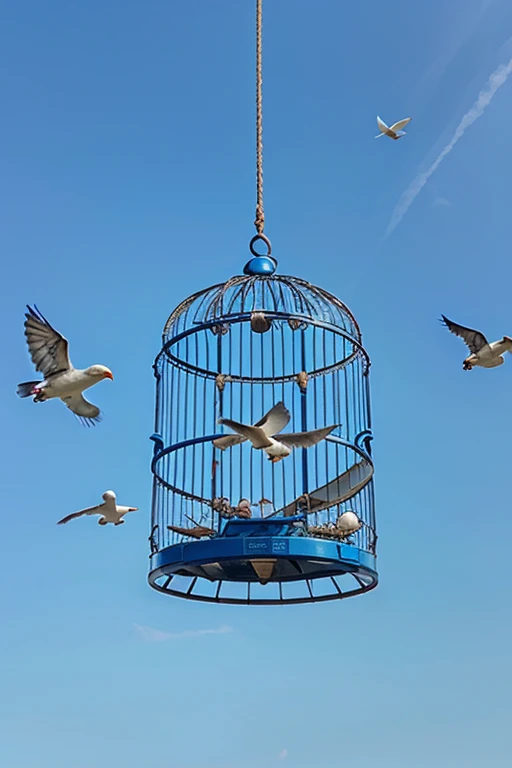 a group of birds are releasing of the cage in blue sky